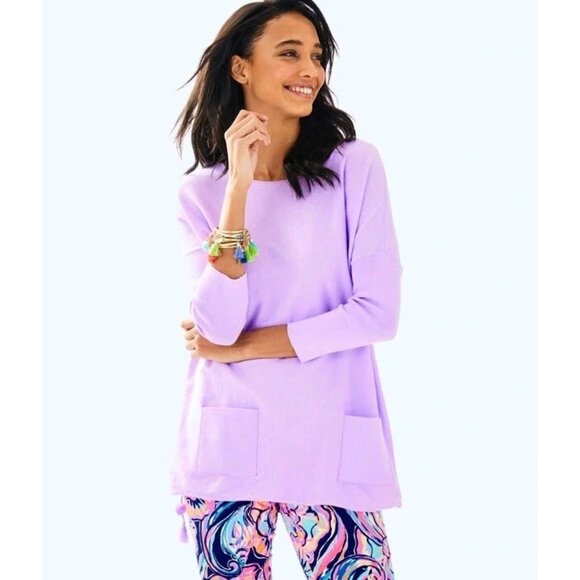Lilly Pulitzer Sweater Women's Medium Elba Poncho Purple Tassel Pockets Coolmax - Picture 1 of 13